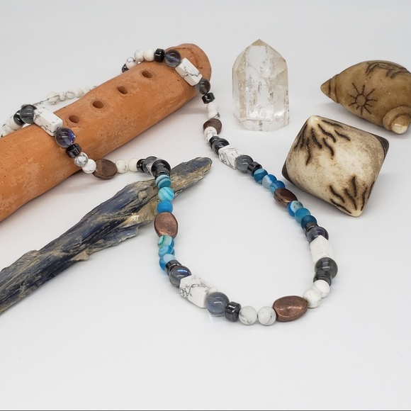 Boho Copper, Blue Agate,Hematite Bead Necklace - Picture 5 of 12